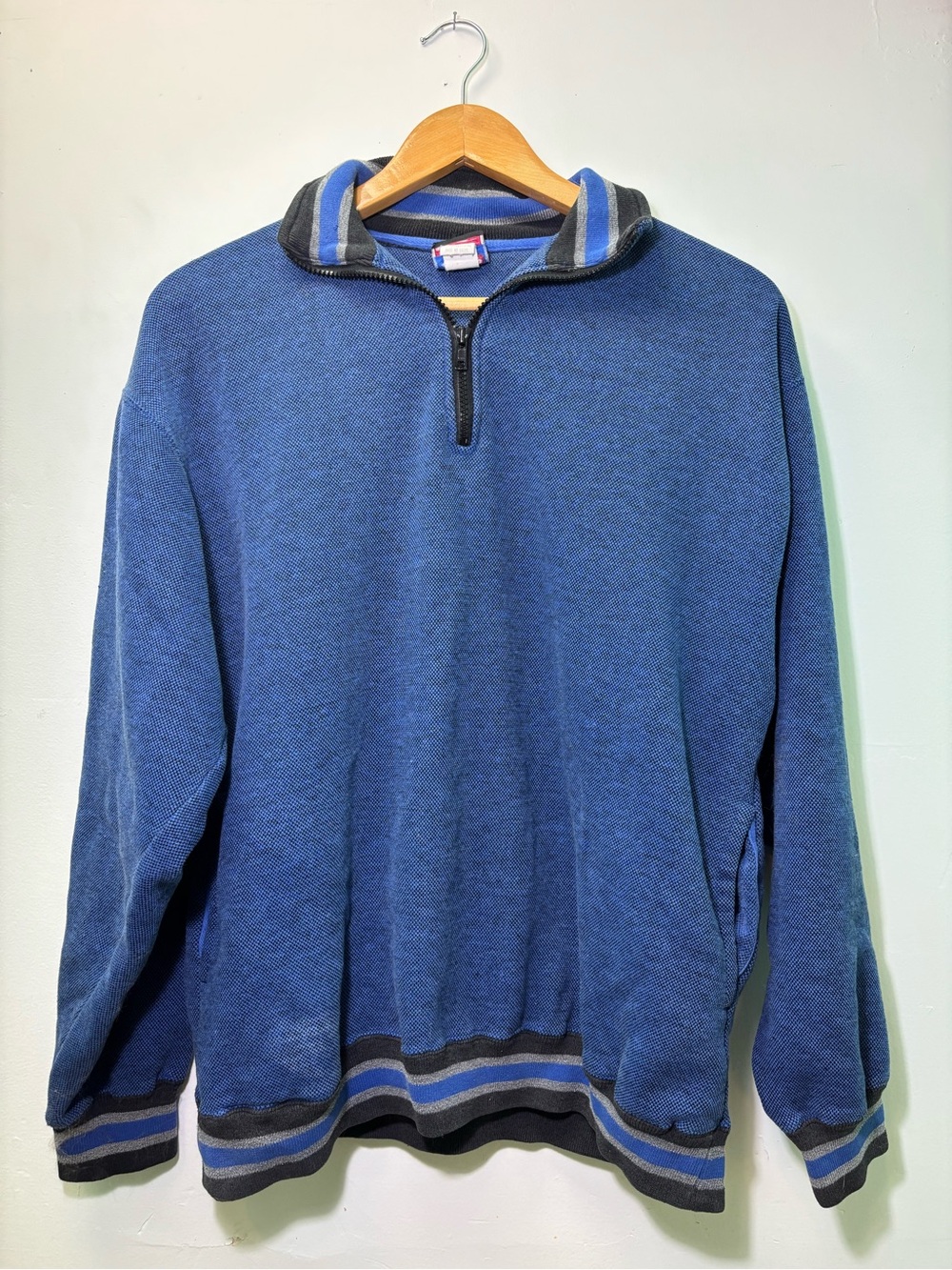 Honor Society Men's Blue Quarter-Zip Sweater with Striped Trim